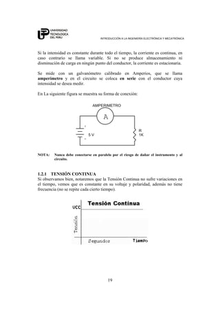 INTRODUCCIÓN A LA INGENIERÍA ELECTRÓNICA Y MECATRÓNICA
19
Si la intensidad es constante durante todo el tiempo, la corriente es continua, en
caso contrario se llama variable. Si no se produce almacenamiento ni
disminución de carga en ningún punto del conductor, la corriente es estacionaria.
Se mide con un galvanómetro calibrado en Amperios, que se llama
amperímetro y en el circuito se coloca en serie con el conductor cuya
intensidad se desea medir.
En La siguiente figura se muestra su forma de conexión:
-
+
R
1K5 V
A
AMPERIMETRO
NOTA: Nunca debe conectarse en paralelo por el riesgo de dañar el instrumento y al
circuito.
1.2.1 TENSIÓN CONTINUA
Si observamos bien, notaremos que la Tensión Continua no sufre variaciones en
el tiempo, vemos que es constante en su voltaje y polaridad, además no tiene
frecuencia (no se repite cada cierto tiempo).
 