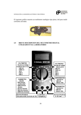 INTRODUCCIÓN A LA INGENIERÍA ELECTRÓNICA Y MECATRÓNICA
30
El siguiente gráfico muestra un multímetro analógico tipo pinza, útil para medir
corrientes elevadas:
2.5 BREVE DESCRIPCION DEL MULTIMETRO DIGITAL
UTILIZADO EN EL LABORATORIO
 