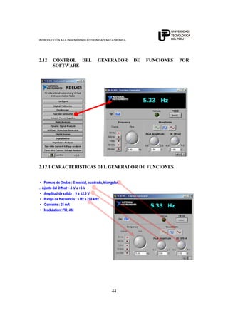 INTRODUCCIÓN A LA INGENIERÍA ELECTRÓNICA Y MECATRÓNICA
44
2.12 CONTROL DEL GENERADOR DE FUNCIONES POR
SOFTWARE
2.12.1 CARACTERISTICAS DEL GENERADOR DE FUNCIONES
 