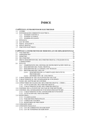 INTRODUCCIÓN A LA INGENIERÍA ELECTRÓNICA Y MECATRÓNICA
7
ÍNDICE
CAPÍTULO 1: FUNDAMENTOS DE ELECTRICIDAD
1.1 ATOMO .................................................................................................................... 15
1.2 INTENSIDAD DE CORRIENTE ELECTRICA............................................................ 18
1.2.1 TENSIÓN CONTINUA ..................................................................................... 19
1.2.2 TENSIÓN ALTERNA........................................................................................ 20
1.2.3 TENSIÓN PULSANTE...................................................................................... 21
1.3 POTENCIA .................................................................................................................... 22
1.4 LEY DE OHM................................................................................................................ 23
1.5 SEÑAL ANALOGICA................................................................................................... 23
1.6 SEÑAL DIGITAL .......................................................................................................... 23
1.7 CIRCUITO ELÉCTRICO............................................................................................... 24
CAPÍTULO 2: INSTRUMENTOS DE MEDICION, LEY DE OHM, RESISTENCIAS
2.1 VOLTIMETRO .............................................................................................................. 25
2.2 AMPERIMETRO ........................................................................................................... 27
2.3 OHMETRO .................................................................................................................... 28
2.4 MULTIMETRO ............................................................................................................. 28
2.5 BREVE DESCRIPCION DEL MULTIMETRO DIGITAL UTILIZADO EN EL
LABORATORIO ........................................................................................................... 30
2.6 NI ELVIS .................................................................................................................... 31
2.6.1 COMPONENTES DEL SISTEMA DE INSTRUMENTACIÓN VIRTUAL.... 32
2.6.2 DESCRIPCIÓN DEL PANEL FRONTAL ........................................................ 33
2.6.3 DESCRIPCIÓN DE LA CONSOLA DE TRABAJO......................................... 33
2.6.4 PROTOBOARD DEL NIELVIS ........................................................................ 34
2.6.4.1 DESCRIPCION DE LA TARJETA QUE INCLUYE EL
PROTOBOARD .................................................................................. 36
2.6.4.2 DISTRIBUCION DE COLUMNAS.................................................. 37
2.7 CARACTERISTICAS DE LAS FUENTES DE VOLTAJE ......................................... 38
2.8 CARACTERISTICAS DEL GENERADOR DE FUNCIONES ................................... 39
2.9 PANEL DEL SOFTWARE DE CONTROL .................................................................. 40
2.10 CONECTORES DE SALIDA DEL MULTIMETRO DIGITAL ( DMM )................... 41
2.10.1 ACTIVACION DEL MULTIMETRO DIGITAL.............................................. 41
2.10.2 CARACTERISTICAS DEL MULTIMETRO DIGITAL .................................. 42
2.11 CONTROL DE LA FUENTE DE VOLTAJE DC POR SOFTWARE .......................... 43
2.12 CONTROL DEL GENERADOR DE FUNCIONES POR SOFTWARE....................... 44
2.12.1 CARACTERISTICAS DEL GENERADOR DE FUNCIONES ....................... 44
2.12.2 ACTIVACION DEL OSCILOSCOPIO............................................................. 45
2.13 RESISTORES................................................................................................................. 46
2.13.1 CLASIFICACION ............................................................................................. 46
2.13.2 PARAMETROS PRINCIPALES....................................................................... 46
2.13.3 CODIGO DE COLORES................................................................................... 46
2.13.4 RESISTORES DE PRECISION ........................................................................ 48
2.14 CONEXIÓN SERIE ....................................................................................................... 49
2.15 CONEXIÓN PARALELO.............................................................................................. 49
2.15.1 LEY DE CORRIENTES DE KIRCHOFF ......................................................... 50
2.15.2 LEY DE TENSIONES DE KIRCHOFF ............................................................ 51
 