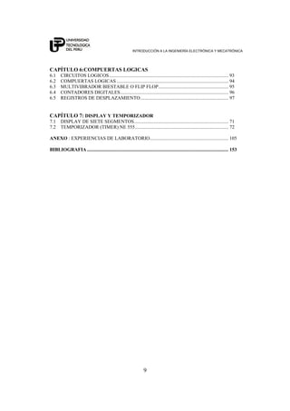 INTRODUCCIÓN A LA INGENIERÍA ELECTRÓNICA Y MECATRÓNICA
9
CAPÍTULO 6:COMPUERTAS LOGICAS
6.1 CIRCUITOS LOGICOS................................................................................................. 93
6.2 COMPUERTAS LOGICAS ........................................................................................... 94
6.3 MULTIVIBRADOR BIESTABLE O FLIP FLOP......................................................... 95
6.4 CONTADORES DIGITALES........................................................................................ 96
6.5 REGISTROS DE DESPLAZAMIENTO........................................................................ 97
CAPÍTULO 7: DISPLAY Y TEMPORIZADOR
7.1 DISPLAY DE SIETE SEGMENTOS............................................................................. 71
7.2 TEMPORIZADOR (TIMER) NE 555............................................................................ 72
ANEXO : EXPERIENCIAS DE LABORATORIO................................................................ 105
BIBLIOGRAFIA ................................................................................................................... 153
 