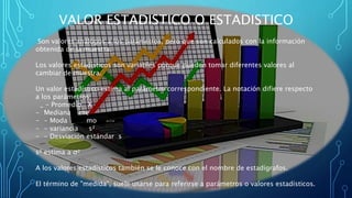 VALOR ESTADISTICO O ESTADISTICO
Son valores análogos a los parámetros, pero que son calculados con la información
obtenida de la muestra.
Los valores estadísticos son variables porque pueden tomar diferentes valores al
cambiar de muestra.
Un valor estadístico estima al parámetro correspondiente. La notación difiere respecto
a los parámetros:
_ - Promedio X
- Mediana me
- - Moda mo
- - variancia s²
- - Desviación estándar s
s² estima a σ²
A los valores estadísticos también se le conoce con el nombre de estadígrafos.
El término de "medida", suele usarse para referirse a parámetros o valores estadísticos.
 