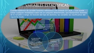 VARIABLES ESTADÍSTICAS
Cuando hablemos de variable haremos referencia a un símbolo (X,Y,A,B,...) que puede
tomar cualquier modalidad (valor) de un conjunto determinado, que llamaremos dominio
de la variable o rango. En función del tipo de dominio, las variables las clasificamos del
siguiente modo:
1) VARIABLES CUALITATIVAS
.- Generan observaciones de
carácter no numérico y son
del tipo:
b) CUALITATIVAS
NOMINALES .- No
existe un orden entre
las posibles
observaciones.
a) CUALITATIVAS
JERARQUICAS .-
Cuando se puede
establecer una relación
de orden entre las
posibles
observaciones.
 