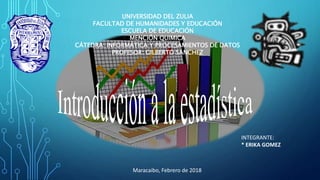Maracaibo, Febrero de 2018
INTEGRANTE:
* ERIKA GOMEZ
UNIVERSIDAD DEL ZULIA
FACULTAD DE HUMANIDADES Y EDUCACIÓN
ESCUELA DE EDUCACIÓN
MENCIÓN QUIMICA
CÁTEDRA: INFORMÁTICA Y PROCESAMIENTOS DE DATOS
PROFESOR: GILBERTO SÁNCHEZ
 