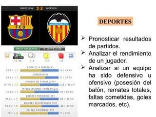  Pronosticar resultados
de partidos.
 Analizar el rendimiento
de un jugador.
 Analizar si un equipo
ha sido defensivo u
ofensivo (posesión del
balón, remates totales,
faltas cometidas, goles
marcados, etc).
DEPORTES
 