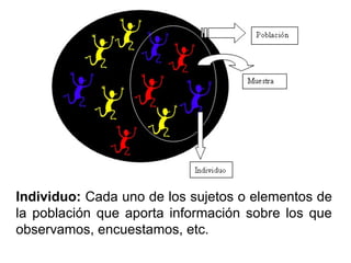 Individuo: Cada uno de los sujetos o elementos de
la población que aporta información sobre los que
observamos, encuestamos, etc.
 