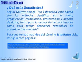4 2
5
1
Para que tengas más idea del término Estadística visita 
las siguientes páginas:
1Spiegel, Murray R. Estadística. Mc Graw Hill Inc. USA
¿Qué es la Estadística?
Según  Murray  Spiegel “La  Estadística  está ligada 
con  los  métodos  científicos  en  la  toma, 
organización, recopilación, presentación y análisis 
de datos, tanto para la deducción de conclusiones 
como  para  tomar  decisiones  razonables  de 
acuerdo a tales análisis”1
http://www.monografias.com/trabajos15/estadistica/estadistica.shtml
http://es.wikipedia.org/wiki/Estad%C3%ADstica
 