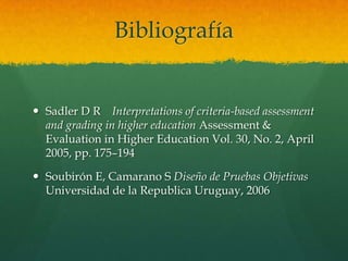 Bibliografía


 Sadler D R Interpretations of criteria-based assessment
  and grading in higher education Assessment &
  Evaluation in Higher Education Vol. 30, No. 2, April
  2005, pp. 175–194

 Soubirón E, Camarano S Diseño de Pruebas Objetivas
  Universidad de la Republica Uruguay, 2006
 