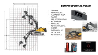 EQUIPO OPCIONAL VOLVO
• CAMARA
RETROVISORA
• FLOTACION DE LA
PLUMA
• RED DE SEGURIDAD
• KIT SIBERIAN
• APAGADO
AUTOMATICO DEL
MOTOR
• EXTENCION DE
INCENDIOS
AUTOMATICO
 