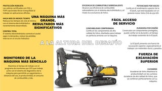 UNA MÁQUINA MÁS
GRANDE,
RESULTADOS MÁS
SIGNIFICATIVOS
FUERZA DE
EXCAVACIÓN
SUPERIOR
MONITOREO DE LA
MÁQUINA MÁS SENCILLO
FÁCIL ACCESO
DE SERVICIO
PROTECCIÓN ROBUSTA
Las cabinas certificadas con FOG y
FOPS opcionales llevan tranquilidad al
trabajar en aplicaciones difíciles.
HAGA MÁS EN MENOS TIEMPO
Reduzca los tiempos de ciclo al mínimo
con el sistema electrohidráulico
recientemente desarrollado.
CONTROL TOTAL
El sistema electrohidráulico controla el caudal
según la demanda y reduce las pérdidas
internas en el circuito hidráulico
CUCHARAS
duraderas de Volvo Maximice la
productividad con las cucharas
duraderas de alta calidad de Volvo, que
se combinan perfectamente con su
máquina.
Maximice el tiempo de trabajo con el
programa de monitoreo por GPS que trabaja
junto con el sistema de diagnóstico de la
máquina para permitirle un seguimiento a
distancia del uso, la productividad, el consumo
de combustible y más.
POTENCIADO POR VOLVO
Confíe en el rendimiento superior de la
EC950E, que está equipada con un
potente motor Volvo D16 de 450 kW.
EFICIENCIA DE COMBUSTIBLE SOBRESALIENTE
Alcance una eficiencia de combustible
sobresaliente con el sistema electrohidráulico y el
modo Eco exclusivos de Volvo.
La EC950E presenta una fuerza de
excavación superior, especialmente al
trabajar con materiales duros y pesados.
CONFIABILIDAD COMPROBADA
Confíe en los componentes de alta
calidad de Volvo, diseñados para trabajar
en perfecta armonía con la máquina.
DURADERA POR DISEÑO
Construida con componentes protegidos,
puede confiar en la duración y el tiempo
de trabajo sostenido de la EC950E.
 