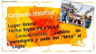 3
Comienzo Histórico
Lugar: Grecia
Fecha: Siglos VII y VI a.C.
Características: cambio de
paradigma y paso del “Mito” al
“Logos”
Preparando el aprendizaje
 