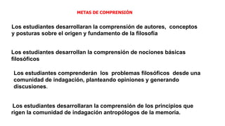 METAS DE COMPRENSIÓN
Los estudiantes desarrollaran la comprensión de autores, conceptos
y posturas sobre el origen y fundamento de la filosofía
Los estudiantes desarrollan la comprensión de nociones básicas
filosóficos
Los estudiantes comprenderán los problemas filosóficos desde una
comunidad de indagación, planteando opiniones y generando
discusiones.
Los estudiantes desarrollaran la comprensión de los principios que
rigen la comunidad de indagación antropólogos de la memoria.
 