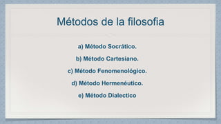 Métodos de la filosofia 
a) Método Socrático. 
b) Método Cartesiano. 
c) Método Fenomenológico. 
d) Método Hermenéutico. 
e) Método Dialectico 
 