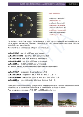 CURSO DE INTRODUCCIÓN A LA FOTOGRAFÍA NOCTURNA CAPÍTULO 4
Fases intermedias
Luna Nueva o Novilunio (1)
Luna Creciente (2)
Luna Cuarto Creciente (3)
Luna Gibosa Creciente (4)
Luna Llena o Plenilunio (5)
Luna Gibosa Menguante (6)
Luna Cuarto Menguante (7)
Luna Menguante (8)
Dependiendo de la fase lunar y de la altura de la luna nos condicionará la exposición de la
toma, siendo las fases de Gibosas y Luna Llena las más recomendables para una correcta
exposición con luz ambiente.
Atendiendo a su luminosidad reflejada tenemos que:
LUNA NUEVA – de 0% a 10% de luminosidad.
LUNA CRECIENTE – de 10% a 30% de luminosidad.
LUNA CUARTOS – de 30% a 50% de luminosidad.
LUNA GIBOSAS – de 50% a 80% de luminosidad.
LUNA LLENA – de 80% al 100% de luminosidad.
Y a efectos de una exposición correcta para captar luz ambiente:
LUNA NUEVA – exposición de varias horas. a f2.8
LUNA CUARTOS – exposición de 30 min. a 1 hora. a f2.8 – f4
LUNA GIBOSAS – exposición entre 30 min. a 15 min. a f4 – f5.6
LUNA LLENA – exposición entre 15 min. a 5 min. a f5.6 – f8
Estos tiempos son estimativos y dependerán en gran medida de factores como el diafragma
que elijamos, la contaminación lumínica, la nubosidad o la altura de estas.
Para una prueba realizada a f5.6 30″ iso1600, obtendremos:
Luz ambiente en fase creciente Luz ambiente en fase gibosa Luz ambiente en fase llena
15
 