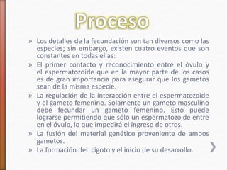 » Los detalles de la fecundación son tan diversos como las 
especies; sin embargo, existen cuatro eventos que son 
constantes en todas ellas: 
» El primer contacto y reconocimiento entre el óvulo y 
el espermatozoide que en la mayor parte de los casos 
es de gran importancia para asegurar que los gametos 
sean de la misma especie. 
» La regulación de la interacción entre el espermatozoide 
y el gameto femenino. Solamente un gameto masculino 
debe fecundar un gameto femenino. Esto puede 
lograrse permitiendo que sólo un espermatozoide entre 
en el óvulo, lo que impedirá el ingreso de otros. 
» La fusión del material genético proveniente de ambos 
gametos. 
» La formación del cigoto y el inicio de su desarrollo. 
 