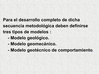 Para el desarrollo completo de dicha
secuencia metodológica deben definirse
tres tipos de modelos :
- Modelo geológico.
- Modelo geomecánico.
- Modelo geotécnico de comportamiento.
 