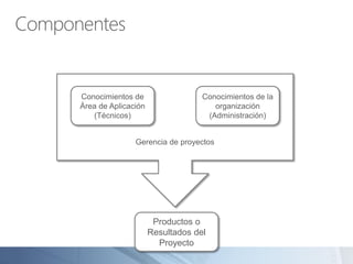Componentes
Conocimientos de
Área de Aplicación
(Técnicos)
Conocimientos de la
organización
(Administración)
Productos o
Resultados del
Proyecto
Gerencia de proyectos
 