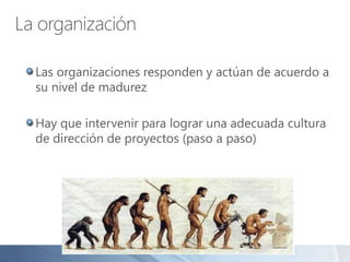 La organización
Las organizaciones responden y actúan de acuerdo a
su nivel de madurez
Hay que intervenir para lograr una adecuada cultura
de dirección de proyectos (paso a paso)
 