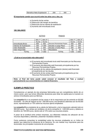 Beneficio Neto Explotación         200           300

El importante cambio que ocurrió entre los años uno y dos, es:

                     a) Aumento de las ventas
                     b) Reducción del margen de beneficio
                     c) Reducción de los valores de explotación
                     d) Aumento del inmovilizado bruto

100. BALANCE


                                 ACTIVO                     PASIVO

                             Año 1º Año 2º                                  Año 1º Año 2º
                             Euros   Euros                                  Euros   Euros
Inmovilizado Bruto           400     500   Recursos Permanentes Propios     550      600
Valores de Explotación       300    1.000  Deudas a Largo Plazo             200      200
Valor Realizable             200     200   Deudas a Corto Plazo             200      950
Valor Disponible             100     100   Resultados                        50       50
              TOTAL         1.000   1.800                TOTAL             1.000   1,800


¿Cuál es el enunciado más adecuado?

                     a) El aumento del inmovilizado bruto está financiado por los Recursos
                        Permanentes Propios
                     b) El aumento del disponible está financiado principalmente por los
                        Recursos Permanentes Propios.
                     c) El aumento de los valores de explotación (stocks) está financiado
                        principalmente por las deudas.
                     d) El aumento de las ventas está financiado principalmente por los
                        Recursos Permanentes Propios.

Nota: al final del tema puede usted conocer el resultado del Test, y evaluar
personalmente sus conocimientos en materia financiera.



EJEMPLO PRÁCTICO

Consideremos un ejemplo de dos empresas fabricantes que son competidores dentro de un
mismo sector, pero que toman diferentes decisiones para dotar de capital para la inversión en
activos inmovilizados para sus fábricas.

La compañía A no es propietaria de las naves ni de la maquinaria que las arrienda en 60.000
euros/año. Su cifra de negocio es de 1.350.000 euros y los beneficios obtenidos son de 90.000
euros, representando un 15% sobre los recursos ajenos empleados.

La compañía B es propietaria de su planta de fabricación y de la maquinaria valorado todo en
900.000 euros. Sus ventas son similares a la de la compañía A, 1.400.000 euros y obtiene un
beneficio de 108.000 euros, dando solo el 12% sobre sus recursos propios.

A pesar de la similitud entre ambas empresas, sus diferentes métodos de utilización de los
recursos disponibles y obtenidos, presentan resultados distintos.

Como podremos comprobar la rentabilidad sobre los recursos empleados en un índice de
gestión que determina la eficiencia de la Gerencia. Es una medida muy importante para los
accionistas, los principales inversores de una empresa.


©INSTITUTO EUROPEO DE GESTION EMPRESARIAL                                                220
 