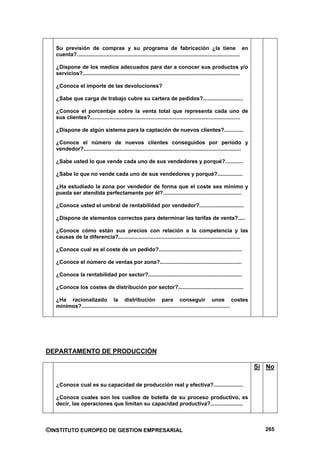 Su previsión de compras y su programa de fabricación ¿la tiene en
   cuenta?..............................................................................................................

   ¿Dispone de los medios adecuados para dar a conocer sus productos y/o
   servicios?..........................................................................................................

   ¿Conoce el importe de las devoluciones?

   ¿Sabe que carga de trabajo cubre su cartera de pedidos?...........................

   ¿Conoce el porcentaje sobre la venta total que representa cada uno de
   sus clientes?.....................................................................................................

   ¿Dispone de algún sistema para la captación de nuevos clientes?.............

   ¿Conoce el número de nuevos clientes conseguidos por periodo y
   vendedor?..........................................................................................................

   ¿Sabe usted lo que vende cada uno de sus vendedores y porqué?............

   ¿Sabe lo que no vende cada uno de sus vendedores y porqué?.................

   ¿Ha estudiado la zona por vendedor de forma que el coste sea mínimo y
   pueda ser atendida perfectamente por él?.....................................................

   ¿Conoce usted el umbral de rentabilidad por vendedor?..............................

   ¿Dispone de elementos correctos para determinar las tarifas de venta?.....

   ¿Conoce cómo están sus precios con relación a la competencia y las
   causas de la diferencia?..................................................................................

   ¿Conoce cual es el coste de un pedido?........................................................

   ¿Conoce el número de ventas por zona?.......................................................

   ¿Conoce la rentabilidad por sector?...............................................................

   ¿Conoce los costes de distribución por sector?............................................

   ¿Ha racionalizado la distribución para conseguir unos costes
   mínimos?....................................................................................................




DEPARTAMENTO DE PRODUCCIÓN

                                                                                                                           Si No

   ¿Conoce cual es su capacidad de producción real y efectiva?....................

   ¿Conoce cuales son los cuellos de botella de su proceso productivo, es
   decir, las operaciones que limitan su capacidad productiva?......................



©INSTITUTO EUROPEO DE GESTION EMPRESARIAL                                                                                    265
 