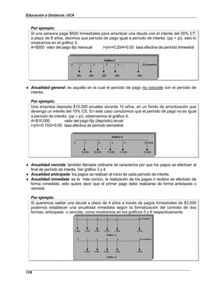 Educación a Distancia. UCA
118
Por ejemplo:
Si una persona paga $500 trimestrales para amortizar una deuda con el interés del 20% CT,
a plazo de 8 años, decimos que período de pago igual a período de interés, (pp = pi), esto lo
mostramos en el gráfico 3.
A=$500 valor del pago fijo mensual i=j/m=0.20/4=0.05 tasa efectiva de período trimestral
0 1 2 3 4 ..... 32 trimestres
500 500 500 500 500
Gráfico 3
♦ Anualidad general: es aquella en la cual el período de pago no coincide con el período de
interés.
Por ejemplo:
Una empresa deposita $10,000 anuales durante 10 años, en un fondo de amortización que
devenga un interés del 10% CS, En este caso concluimos que el período de pago no es igual
a período de interés, (pp ≠ pi), observemos el gráfico 4.
A=$10,000 valor del pago fijo (depósito) anual
i=j/m=0.10/2=0.05 tasa efectiva de período semestral
0 1 2 3 4 . . . 10 años
10,000 10,000 10,000 10,000 10,000
Gráfico 4
♦ Anualidad vencida: también llamada ordinaria se caracteriza por que los pagos se efectúan al
final de período de interés. Ver gráfico 3 y 4.
♦ Anualidad anticipada: los pagos se realizan al inicio de cada período de interés.
♦ Anualidad inmediata: es la más común, la realización de los pagos o recibos se efectúan de
forma inmediata, esto quiere decir que el primer pago debe realizarse de forma anticipada o
vencida.
Por ejemplo:
Si queremos saldar una deuda a plazo de 4 años a través de pagos trimestrales de $3,500
podemos establecer una anualidad inmediata según la formalización del contrato de dos
formas: anticipada o vencida, como mostramos en los gráficos 5 y 6 respectivamente.
0 1 2 3 4 . . . 16 trimestres
3,500
3,500 3,500 3,500 3,500 3,500
Gráfico 5
0 1 2 3 4 . . . 16 trimestres
3,500 3,500 3,500 3,500 3,500
Gráfico 6
 