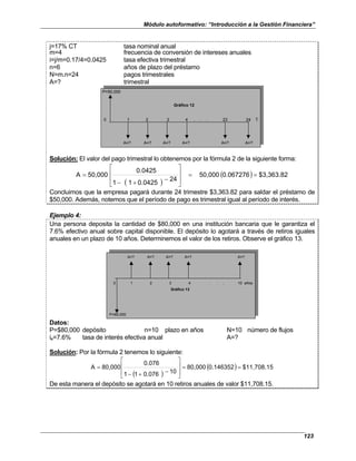 Módulo autoformativo: “Introducción a la Gestión Financiera”
123
j=17% CT tasa nominal anual
m=4 frecuencia de conversión de intereses anuales
i=j/m=0.17/4=0.0425 tasa efectiva trimestral
n=6 años de plazo del préstamo
N=m.n=24 pagos trimestrales
A=? trimestral
P=50,000
0 1 2 3 4 . . . 23 24 T.
A=? A=? A=? A=? A=? A=?
Gráfico 12
Solución: El valor del pago trimestral lo obtenemos por la fórmula 2 de la siguiente forma:
( )
( ) $3,363.82
0.067276
50,000
24
0.0425
1
1
0.0425
50,000
A =
=








−
+
−
=
Concluimos que la empresa pagará durante 24 trimestre $3,363.82 para saldar el préstamo de
$50,000. Además, notemos que el período de pago es trimestral igual al período de interés.
Ejemplo 4:
Una persona deposita la cantidad de $80,000 en una institución bancaria que le garantiza el
7.6% efectivo anual sobre capital disponible. El depósito lo agotará a través de retiros iguales
anuales en un plazo de 10 años. Determinemos el valor de los retiros. Observe el gráfico 13.
A=? A=? A=? A=? A=?
0 1 2 3 4 . . . 10 años
Gráfico 13
P=80,000
Datos:
P=$80,000 depósito n=10 plazo en años N=10 número de flujos
ie=7.6% tasa de interés efectiva anual A=?
Solución: Por la fórmula 2 tenemos lo siguiente:
( )
( ) $11,708.15
0.146352
80,000
10
0.076
1
1
0.076
80,000
A =
=








−
+
−
=
De esta manera el depósito se agotará en 10 retiros anuales de valor $11,708.15.
 