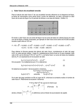 Educación a Distancia. UCA
124
c. Valor futuro de anualidad vencida
Para el cálculo del valor futuro F de una anualidad vencida utilizamos en el diagrama de flujos,
la fecha de vencimiento como fecha focal o punto de referencia, es decir; encontrar el valor
futuro de la serie de flujos A en N período de tiempo a una tasa de interés i. Gráfico 14.
F=?
0 1 2 3 4 . . . N-1 N Periodos
A A A A A A
Gráfico 14
El monto o valor futuro de una serie de flujos A es la suma de todos los valores futuros de cada
uno de los flujos a interés compuesto, por ejemplo el valor futuro de la serie de $10,000 anuales
durante cuatro años al 10% es
( ) ( ) ( ) ( ) ( )
$46,410
10,000
11,000
12,100
13,310
0
0.15
1
10,000
1
0.10
1
10,000
2
0.10
1
10,000
3
0.10
1
10,000
N
i
1
P
F
=
+
+
+
=
+
+
+
+
+
+
+
=
+
=
Para obtener la fórmula general del cálculo del valor futuro, consideremos el valor del pago
A=$1 en cada período desde 1 hasta N y establezcamos fecha focal en N para trasladar cada
valor A=$1 con la fórmula F=P(1+i)N
con P=1, a la fecha focal. La suma de todos los traslados
será Sni=F y lo expresamos en la ecuación de valor:
Sni=1+(1+i)+(1+i)2
+(1+i)3
+. . .+(1+i)N-1
(1)
Si la ecuación 1 la multiplicamos por (1+i), obtenemos
Sni(1+i)=(1+i)+(1+i)2
+(1+i)3
+(1+i)4
+. . .+(1+i)N-1
+(1+i)N
(2)
Si restamos la ecuación 1 de la ecuación 2, tenemos;
Sni(1+i)-Sni=-1+(1+i)N
=(1+i)N
-1
Sni[(1+i)-1]=(1+i)N
-1
Sni(i)=(1+i)N
-1 entonces Sni=[(1+i)N
-1]/i (3)
Si el valor del pago periódico es $A en lugar de $1, entonces la sumatoria recibe el nombre de
valor futuro F. Retomando la ecuación 3 tenemos:
F=A Sni=A[(1+i)N
-1]/i, que es lo mismo que
( ) 3)
(Fórmula
i
1
N
i
1
A
F







 −
+
=
donde, el factor
( )







 −
+
i
1
N
i
1
, lo definimos como el factor de acumulación de capital.
 