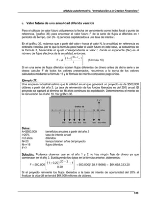 Módulo autoformativo: “Introducción a la Gestión Financiera”
145
c. Valor futuro de una anualidad diferida vencida
Para el cálculo de valor futuro utilizaremos la fecha de vencimiento como fecha focal o punto de
referencia, (gráfico 36) para encontrar el valor futuro F de la serie de flujos A diferidos en r
períodos de tiempo, con (N - r) períodos capitalizados a una tasa de interés i.
En el gráfico 36, notamos que a partir del valor r hasta el valor N, la anualidad en referencia es
ordinaria vencida, por lo que la fórmula para hallar el valor futuro en este caso, la deducimos de
la fórmula 3, haciéndole el ajuste correspondiente al valor r, donde el exponente (N-r) es el
número de flujos efectivos de la anualidad, entonces:
( ) 16)
(Fórmula
i
1
r
N
i
1
A
F







 −
−
+
=
Si en una serie de flujos diferidos existen flujos diferentes de dinero antes de dicha serie y se
desea calcular F de todos los valores presentados, recurrimos a la suma de los valores
calculados mediante la fórmula 16 y la fórmula de interés compuesto pago único.
Ejemplo 27:
Una empresa industrial estima que la utilidad anual que generará un proyecto es de $500,000
dólares a partir del año 3. La tasa de reinversión de los fondos liberados es del 20% anual. El
proyecto se agotará al término de 18 años continuos de explotación. Determinemos el monto de
la reinversión en el año 18. Ver gráfico 36.
F = ?
0.....1......2 3 4 5 6 7 . . . 19 20 Años
r
500 500 500 500 500 500 500 miles
Gráfico 36
Datos:
A=$500,000 beneficios anuales a partir del año 3
i=20% tasa de interés anual
r=2 años diferidos
N=20 tiempo total en años del proyecto
N-r=18 flujos diferidos
F=?
Solución: Podemos observar que en el año 1 y 2 no hay ningún flujo de dinero ya que
comienzan en el año 3. Sustituyendo los datos en la fórmula anterior, obtenemos:
( ) 3.20
$64,058,33
8.116666)
500,000(12
0.20
1
2
20
0.20
1
500,000
F =
=







 −
−
+
=
Si el proyecto reinvierte los flujos liberados a la tasa de interés de oportunidad del 20% al
finalizar la vida útil se tendrá $64.058 millones de dólares.
 