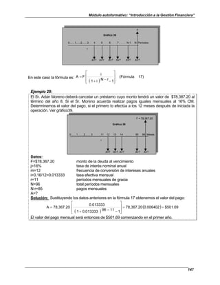 Módulo autoformativo: “Introducción a la Gestión Financiera”
147
F
0.......1......2.......3 4 5 6 7 . . . N-1 N Períodos
r
A=? A=? A=? A=? A=? A=?
Gráfico 38
En este caso la fórmula es:
( )
17)
(Fórmula
1
r
N
i
1
i
F
A








−
−
+
=
Ejemplo 29:
El Sr. Adán Moreno deberá cancelar un préstamo cuyo monto tendrá un valor de $78,367.20 al
término del año 8. Si el Sr. Moreno acuerda realizar pagos iguales mensuales al 16% CM.
Determinemos el valor del pago, si el primero lo efectúa a los 12 meses después de iniciada la
operación. Ver gráfico39.
F = 78,367.20
0.......1........2........3 . . ..11 12 13 14 . . . 95 96 Meses
r
A=? A=? A=? A=? A=?
Gráfico 39
Datos:
F=$78,367.20 monto de la deuda al vencimiento
j=16% tasa de interés nominal anual
m=12 frecuencia de conversión de intereses anuales
i=0.16/12=0.013333 tasa efectiva mensual
r=11 períodos mensuales de gracia
N=96 total períodos mensuales
N-r=85 pagos mensuales
A=?
Solución: Sustituyendo los datos anteriores en la fórmula 17 obtenemos el valor del pago:
( )
( ) $501.69
0.006402
78,367.20
1
11
96
0.013333
1
0.013333
78,367.20
A =
=








−
−
+
=
El valor del pago mensual será entonces de $501.69 comenzando en el primer año.
 
