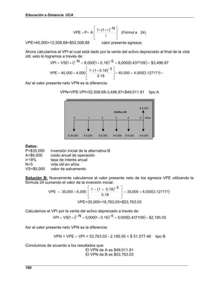 Educación a Distancia. UCA
160
24)
a
(Fórmul
i
N
-
)
i
(1
-
1
A
P
VPE







 +
+
=
VPE=40,000+12,508.68=$52,508.68 valor presente egresos.
Ahora calculamos el VPI el cual está dado por la venta del activo depreciado al final de la vida
útil; esto lo logramos a través de:
( ) ( ) ( ) $3,496.87
0.437109
8,000
5
0.18
1
8,000
N
i
1
VS
VPI =
=
−
+
=
−
+
=
( )
3.127171
4,000
40,000
0.18
5
-
0.18)
(1
-
1
4,000
40,000
VPE =
+
=







 +
+
=
Así el valor presente neto VPN es la diferencia:
VPN=VPE-VPI=52,508.68-3,496.87=$49,011.81 tipo A
$ 5,000
0 1 2 3 4 5 Años
$ 35,000 $ 6,000 $ 6,000 $ 6,000 $ 6,000 $ 6,000
Gráfico 48
Datos:
P=$35,000 inversión inicial de la alternativa B
A=$6,000 costo anual de operación
i=18% tasa de interés anual
N=5 vida útil en años
VS=$5,000 valor de salvamento
Solución B: Nuevamente calculamos el valor presente neto de los egresos VPE utilizando la
fórmula 24 sumando el valor de la inversión inicial:
( )
3.127171
6,000
,000
5
3
0.18
5
-
0.18)
(1
-
1
6,000
,000
5
3
VPE +
=







 +
+
=
VPE=35,000+18,763.03=$53,763.03
Calculemos el VPI por la venta del activo depreciado a través de:
( ) ( ) ( ) $2,185.55
0.437109
,000
5
5
0.18
1
,000
5
N
i
1
VS
VPI =
=
−
+
=
−
+
=
Así el valor presente neto VPN es la diferencia:
VPN = VPE – VPI = 53,763.03 - 2,185.55 = $ 51,577.48 tipo B
Concluimos de acuerdo a los resultados que:
El VPN de A es $49,011.81
El VPN de B es $53,763.03
 