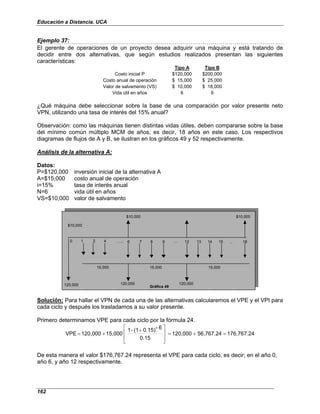 Educación a Distancia. UCA
162
Ejemplo 37:
El gerente de operaciones de un proyecto desea adquirir una máquina y está tratando de
decidir entre dos alternativas, que según estudios realizados presentan las siguientes
características:
Tipo A Tipo B
Costo inicial P $120,000 $200,000
Costo anual de operación $ 15,000 $ 25,000
Valor de salvamento (VS) $ 10,000 $ 18,000
Vida útil en años 6 9
¿Qué máquina debe seleccionar sobre la base de una comparación por valor presente neto
VPN, utilizando una tasa de interés del 15% anual?
Observación: como las máquinas tienen distintas vidas útiles, deben compararse sobre la base
del mínimo común múltiplo MCM de años, es decir, 18 años en este caso. Los respectivos
diagramas de flujos de A y B, se ilustran en los gráficos 49 y 52 respectivamente.
Análisis de la alternativa A:
Datos:
P=$120,000 inversión inicial de la alternativa A
A=$15,000 costo anual de operación
i=15% tasa de interés anual
N=6 vida útil en años
VS=$10,000 valor de salvamento
$10,000
0 1 2 4 ...... 6 7 8 9 .... 12 13 14 15 ... 18
15,000 15,000 15,000
120,000 120,000 120,000
Gráfica 49
$10,000 $10,000
Solución: Para hallar el VPN de cada una de las alternativas calcularemos el VPE y el VPI para
cada ciclo y después los trasladamos a su valor presente.
Primero determinamos VPE para cada ciclo por la fórmula 24.
176,767.24
56,767.24
120,000
0.15
6
-
0.15)
(1
-
1
15,000
120,000
VPE =
+
=







 +
+
=
De esta manera el valor $176,767.24 representa el VPE para cada ciclo, es decir; en el año 0,
año 6, y año 12 respectivamente.
 