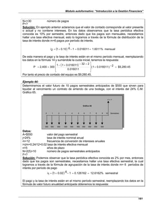 Módulo autoformativo: “Introducción a la Gestión Financiera”
181
N-r=30 número de pagos
P=?
Solución: En ejemplo anterior aclaramos que el valor de contado corresponde al valor presente
o actual y no contiene intereses. En los datos observamos que la tasa periódica efectiva
conocida es 10% por semestre, entonces dado que los pagos son mensuales, necesitamos
hallar una tasa efectiva mensual, esto lo logramos a través de la fórmula de distribución de la
tasa de interés donde m=6 pagos por período de interés.
( ) mensual
1.6011%
0.016011
1
6
1
0.10
1
2
i =
=
−
+
=
De esta manera el pago y la tasa de interés están en el mismo período mensual, reemplazando
los datos en la fórmula 14 y sumándole la cuota inicial, tenemos la respuesta:
( ) $9,280.45
2
-
)
0.016011
1
(
0.016011
2
32
0.016011
1
1
300
2,400
P =
+







 +
−
+
−
+
=
Por tanto el precio de contado del equipo es $9,280.45.
Ejemplo 44:
Determinemos el valor futuro de 10 pagos semestrales anticipados de $550 que sirven para
liquidar al vencimiento un contrato de arriendo de una bodega, con el interés del 24% C.M.
Gráfico 65.
F = ?
0 1 2 3 4 5 6 7 8 9 10 Semestres
550 550 550 550 550 550 550 550 550 550
Gráfico 65
Datos:
A=$550 valor del pago semestral
j=24% tasa de interés nominal anual
m=12 frecuencia de conversión de intereses anuales
i=j/m=0.24/12=0.02 tasa de interés efectiva mensual
n=5 años de plazo
N=2(5)=10 número de pagos semestrales anticipados
F=?
Solución: Podemos observar que la tasa periódica efectiva conocida es 2% por mes, entonces
dado que los pagos son semestrales, necesitamos hallar una tasa efectiva semestral, la cual
logramos a través de la fórmula de agrupación de la tasa de interés donde m= 6 períodos de
interés por período de pago
( ) semestral
12.6162%
0.126162
1
6
0.02
1
1
i =
=
−
+
=
El pago y la tasa de interés están en el mismo período semestral, reemplazando los datos en la
fórmula de valor futuro anualidad anticipada obtenemos la respuesta:
 