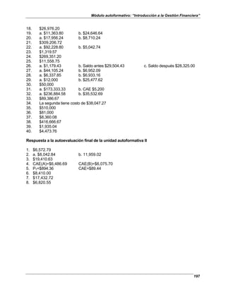 Módulo autoformativo: “Introducción a la Gestión Financiera”
197
18. $26,976.20
19. a. $11,363.80 b. $24,646.64
20. a. $17,956.24 b. $8,710.24
21. $309,206.72
22. a. $92,228.80 b. $5,042.74
23. $1,319.57
24. $269,351.20
25. $11,558.75
26. a. $1,179.43 b. Saldo antes $29,504.43 c. Saldo después $28,325.00
27. a. $44,105.24 b. $6,952.09
28. a. $6,337.85 b. $6,933.16
29. a. $12,000 b. $25,477.62
30. $50,000
31. a. $173,333,33 b. CAE $5,200
32. a. $236,884.58 b. $35,532.69
33. $89,386.67
34. La segunda tiene costo de $38,047.27
35. $510,000
36. $81,000
37. $8,360.08
38. $416,666.67
39. $1,935.04
40. $4,473.76
Respuesta a la autoevaluación final de la unidad autoformativa II
1. $6,572.79
2. a. $8,042.84 b. 11,959.02
3. $19,410.63
4. CAE(A)=$6,486.69 CAE(B)=$6,075.70
5. PT=$894.36 CAE=$89.44
6. $8,410.00
7. $17,432.72
8. $6,820.55
 