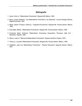 Módulo autoformativo: “Introducción a la Gestión Financiera”
201
Bibliografía
1. Ayres, Frank Jr. "Matemáticas Financieras", Mcgraw-Hill, México, 1993.
2. Baca, Currea Guillermo, "Las Matemáticas Financieras y los Sistemas", Limusa Noriega Editores,
Bogotá Colombia, 1997.
3. Blank, Leland T/Tarquin, Anthony J. "Ingeniería Económica", Mcgraw-Hill, Tercera edición, México,
1992.
4. Díaz Mata, Alfredo “Matemáticas Financieras”, Mcgraw-Hill, Tercera Edición, México, 1999
5. Fontanals Albiol, Hortensia “Matemáticas Financieras (Supuestos). Romanya /valls S.A. ,
Barcelona España, 1992.
6. Moore, Justin H. "Manual de Matemáticas Financieras", Hispano-América, España, 1970.
7. Portus G., Lincoyán "Matemáticas Financieras", Mcgraw-Hill, Tercera edición, México, 1990.
8. Villalobos, José Luis “Matemáticas Financieras” , Pearson Educación, Segunda Edición, México,
2001
 
