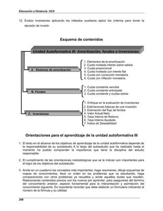 Educación a Distancia. UCA
206
12. Evalúo inversiones aplicando los métodos auxiliares aplico los criterios para tomar la
decisión de invertir.
Esquema de contenidos
1. Elementos de la amortización
2. Cuota nivelada interés sobre saldos
3. Cuota proporcional
A. Sistemas de amortización
A. Sistemas de amortización
4. Cuota nivelada con interés flat
5. Cuota con corrección monetaria
6. Cuota con inflación monetaria
1. Cuota constante vencida
B. Fondos
B. Fondos
2. Cuota constante anticipada
3. Cuota constante y cuotas extras
1. Enfoque en la evaluación de inversiones
2. Estimaciones básicas de una inversión
3. Estimación del flujo de fondos
C. Inversiones
C. Inversiones 4. Valor Actual Neto
5. Tasa Interna de Retorno
6. Tasa Interna Ajustada
7. Índice de Deseabilidad
Unidad Autoformativa III: Amortización, fondos e inversiones
Orientaciones para el aprendizaje de la unidad autoformativa III
1. El éxito en el alcance de los objetivos de aprendizaje de la unidad autoformativa depende de
la responsabilidad de su autoestudio A lo largo del autoestudio que ha realizado hasta el
momento ha podido comprender la importancia que tiene la disciplina del estudio
responsable.
2. El cumplimiento de las orientaciones metodológicas que se le indican son importantes para
el logro de los objetivos del autoestudio.
3. Anote en un cuaderno los conceptos más importantes, haga resúmenes, dibuje esquemas de
mapas de conocimientos, lleve un orden en los problemas que va estudiando, haga
comparaciones con otros problemas ya resueltos y anote aquellas dudas que resulten.
Relacionando contenidos previos con los nuevos por aprender, para asegurarse del dominio
del conocimiento anterior, aspecto fundamental para la interpretación y asimilación del
conocimiento siguiente. Es importante recordar que debe elaborar un formulario indicando el
número de la fórmula y su utilidad.
 