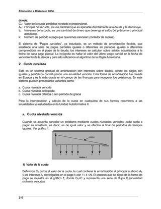 Educación a Distancia. UCA
210
donde:
CK: Valor de la cuota periódica nivelada o proporcional.
AK: Principal de la cuota, es una cantidad que es aplicable directamente a la deuda y la disminuye.
IK: Intereses de la cuota, es una cantidad de dinero que devenga el saldo del préstamo o principal
adeudado.
k: Número de período o pago que queremos cancelar (contador de cuotas).
El sistema de “Pagos parciales”, ya estudiado, es un método de amortización flexible, que
establece una serie de pagos parciales iguales o diferentes en períodos iguales o diferentes
comprendidos en el plazo de la deuda; los intereses se calculan sobre saldos actualizados a la
fecha de cada pago parcial. La incógnita es hallar el valor del último pago parcial en la fecha de
vencimiento de la deuda y para ello utilizamos el algoritmo de la Regla Americana.
2. Cuota nivelada
Este es un sistema gradual de amortización con intereses sobre saldos, donde los pagos son
iguales y periódicos constituyendo una anualidad vencida. Esta forma de amortización fue creada
en Europa y es la más usada en el campo de las finanzas para recuperar los préstamos. En este
sistema pueden presentarse variantes como:
a. Cuota nivelada vencida
b. Cuota nivelada anticipada
c. Cuota nivelada diferida o con período de gracia
Para la interpretación y cálculo de la cuota en cualquiera de sus formas recurrimos a las
anualidades ya estudiadas en la Unidad Autoformativa II.
a. Cuota nivelada vencida
Cuando se acuerda cancelar un préstamo mediante cuotas niveladas vencidas, cada cuota a
pagar es constante, es decir; es de igual valor y se efectúa al final de períodos de tiempos
iguales. Ver gráfico 1.
P
Saldos
0 1 2 3 4 . . . N-1 N Períodos
C C C C C C
Gráfico 1
P
Saldos
0 1 2 3 4 . . . N-1 N Períodos
C C C C C C
Gráfico 1
1) Valor de la cuota
Definimos CK como el valor de la cuota, la cual contiene la amortización al principal o abono AK
y los intereses IK devengados en el pago k con 1≤ k ≤N. El proceso que se sigue de la forma de
pago se muestra en el gráfico 1; donde CK=C y representa una serie de flujos C (anualidad
ordinaria vencida).
 