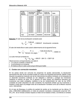 Educación a Distancia. UCA
222
Tabla 6
Fin de
período
Mensual
Amortización
al principal
Interés
devengado
flat
Cuota con
interés Flat Saldo
0
0
1
2
3
4
5
6
7
8
9
10
11
12
C$ 000000
C$ 500.00
C$ 606.87
C$ 606.87
C$ 606.87
C$ 606.87
C$ 606.87
C$ 606.87
C$ 606.87
C$ 606.87
C$ 606.87
C$ 606.87
C$ 606.87
C$ 606.87
C$ 000000
C$ 000000
C$ 364.12
C$ 364.12
C$ 364.12
C$ 364.12
C$ 364.12
C$ 364.12
C$ 364.12
C$ 364.12
C$ 364.12
C$ 364.12
C$ 364.12
C$ 364.12
C$ 0000000
C$ 500.00
C$ 970.99
C$ 970.99
C$ 970.99
C$ 970.99
C$ 970.99
C$ 970.99
C$ 970.99
C$ 970.99
C$ 970.99
C$ 970.99
C$ 970.99
C$ 970.99
C$ 7,782.48
C$ 7,282.48
C$ 6,675.61
C$ 6,068.74
C$ 5,461.87
C$ 4,855.00
C$ 4,248.13
C$ 3,641.26
C$ 3,034.39
C$ 2,427.52
C$ 1,820.65
C$ 1,213.78
C$ 606.87
C$ 0,000.00
Total C$ 7,782.48 C$4,369.44 C$12,151.92
Saldo
pagado
Tabla 6
Fin de
período
Mensual
Amortización
al principal
Interés
devengado
flat
Cuota con
interés Flat Saldo
0
0
1
2
3
4
5
6
7
8
9
10
11
12
C$ 000000
C$ 500.00
C$ 606.87
C$ 606.87
C$ 606.87
C$ 606.87
C$ 606.87
C$ 606.87
C$ 606.87
C$ 606.87
C$ 606.87
C$ 606.87
C$ 606.87
C$ 606.87
C$ 000000
C$ 000000
C$ 364.12
C$ 364.12
C$ 364.12
C$ 364.12
C$ 364.12
C$ 364.12
C$ 364.12
C$ 364.12
C$ 364.12
C$ 364.12
C$ 364.12
C$ 364.12
C$ 0000000
C$ 500.00
C$ 970.99
C$ 970.99
C$ 970.99
C$ 970.99
C$ 970.99
C$ 970.99
C$ 970.99
C$ 970.99
C$ 970.99
C$ 970.99
C$ 970.99
C$ 970.99
C$ 7,782.48
C$ 7,282.48
C$ 6,675.61
C$ 6,068.74
C$ 5,461.87
C$ 4,855.00
C$ 4,248.13
C$ 3,641.26
C$ 3,034.39
C$ 2,427.52
C$ 1,820.65
C$ 1,213.78
C$ 606.87
C$ 0,000.00
Total C$ 7,782.48 C$4,369.44 C$12,151.92
Saldo
pagado
Solución: El valor de la amortización constante será:
constante
ación
Amortiz
$606.87
C
12
7,282.48
N
P
k
A =
=
=
El valor del interés flat en cada cuota lo determinamos de la siguiente forma:
$364.12
C
12
(0.05)(12)
7,282.48
pagos
de
Número
n
i
P
N
I
flat
I =
=
=
=
La cuota mensual constante es;
$971.00
C
364.12
606.87
flat
I
k
A
k
C =
+
=
+
=
Observaciones correspondientes a la tabla 6:
La cuota es nivelada a interés flat
La amortización es constante
El interés es fijo en cada cuota aunque diminuya el saldo
5. Cuotas con corrección monetaria
En los países donde son comunes los programas de ajustes estructurales, la devaluación
permanente del valor de las monedas locales se vuelve una necesidad permanente. Debido a esta
situación los gobiernos haciendo uso de los instrumentos de política monetaria, en la búsqueda de
un desarrollo económico sostenido se ven obligados a estimular y proteger las inversiones
mediante la creación de leyes. Por lo general, en estos países, los préstamos bancarios son
inversiones que están protegidos mediante la ley de mantenimiento de valor de las UPAC
(unidades de poder adquisitivo de valor constante). Es importante señalar que las inversiones a
mediano y largo plazo se protegen tanto de la devaluación monetaria como de la inflación nacional
como internacional.
En el caso de Nicaragua, la política de paridad de cambio se ha mantenido por los últimos 10
años, (1992-2002) estableciendo un índice de variación monetaria o devaluación anual del 12%,
9% y 6% de la moneda córdoba respecto al dólar de los Estados Unidos, convirtiendo al córdoba
 