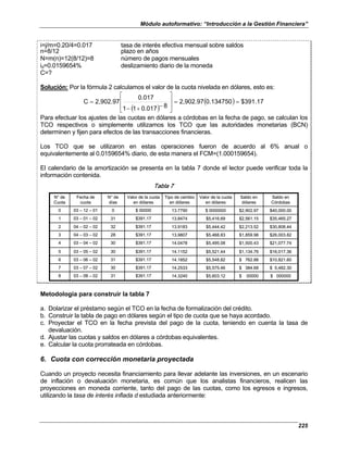Módulo autoformativo: “Introducción a la Gestión Financiera”
225
i=j/m=0.20/4=0.017 tasa de interés efectiva mensual sobre saldos
n=8/12 plazo en años
N=m(n)=12(8/12)=8 número de pagos mensuales
id=0.0159654% deslizamiento diario de la moneda
C=?
Solución: Por la fórmula 2 calculamos el valor de la cuota nivelada en dólares, esto es:
( )
( ) $391.17
0.134750
2,902.97
8
0.017
1
1
0.017
2,902.97
C =
=








−
+
−
=
Para efectuar los ajustes de las cuotas en dólares a córdobas en la fecha de pago, se calculan los
TCO respectivos o simplemente utilizamos los TCO que las autoridades monetarias (BCN)
determinen y fijen para efectos de las transacciones financieras.
Los TCO que se utilizaron en estas operaciones fueron de acuerdo al 6% anual o
equivalentemente al 0.0159654% diario, de esta manera el FCM=(1.000159654).
El calendario de la amortización se presenta en la tabla 7 donde el lector puede verificar toda la
información contenida.
Tabla 7
$10,821.60
$ 762.88
$5,548.82
14.1852
$391.17
31
03 – 06 – 02
6
$ 5,482.30
$ 384.68
$5,575.46
14.2533
$391.17
30
03 – 07 – 02
7
$ 000000
$ 00000
$5,603.12
14.3240
$391.17
31
03 – 08 – 02
8
$16,017.36
$1,134.76
$5,521.44
14.1152
$391.17
30
03 – 05 – 02
5
$21,077.74
$1,500.43
$5,495.08
14.0478
$391.17
30
03 – 04 – 02
4
$26,003.82
$1,859.98
$5,468.83
13.9807
$391.17
28
04 – 03 – 02
3
$30,808.44
$2,213.52
$5,444.42
13.9183
$391.17
32
04 – 02 – 02
2
$35,465.27
$2,561.15
$5,416.69
13.8474
$391.17
31
03 – 01 – 02
1
$40,000.00
$2,902.97
$ 0000000
13.7790
$ 00000
0
03 – 12 – 01
0
Saldo en
Córdobas
Saldo en
dólares
Valor de la cuota
en dólares
Tipo de cambio
en dólares
Valor de la cuota
en dólares
N° de
días
Fecha de
cuota
N° de
Cuota
$10,821.60
$ 762.88
$5,548.82
14.1852
$391.17
31
03 – 06 – 02
6
$ 5,482.30
$ 384.68
$5,575.46
14.2533
$391.17
30
03 – 07 – 02
7
$ 000000
$ 00000
$5,603.12
14.3240
$391.17
31
03 – 08 – 02
8
$16,017.36
$1,134.76
$5,521.44
14.1152
$391.17
30
03 – 05 – 02
5
$21,077.74
$1,500.43
$5,495.08
14.0478
$391.17
30
03 – 04 – 02
4
$26,003.82
$1,859.98
$5,468.83
13.9807
$391.17
28
04 – 03 – 02
3
$30,808.44
$2,213.52
$5,444.42
13.9183
$391.17
32
04 – 02 – 02
2
$35,465.27
$2,561.15
$5,416.69
13.8474
$391.17
31
03 – 01 – 02
1
$40,000.00
$2,902.97
$ 0000000
13.7790
$ 00000
0
03 – 12 – 01
0
Saldo en
Córdobas
Saldo en
dólares
Valor de la cuota
en dólares
Tipo de cambio
en dólares
Valor de la cuota
en dólares
N° de
días
Fecha de
cuota
N° de
Cuota
Metodología para construir la tabla 7
a. Dolarizar el préstamo según el TCO en la fecha de formalización del crédito.
b. Construir la tabla de pago en dólares según el tipo de cuota que se haya acordado.
c. Proyectar el TCO en la fecha prevista del pago de la cuota, teniendo en cuenta la tasa de
devaluación.
d. Ajustar las cuotas y saldos en dólares a córdobas equivalentes.
e. Calcular la cuota prorrateada en córdobas.
6. Cuota con corrección monetaria proyectada
Cuando un proyecto necesita financiamiento para llevar adelante las inversiones, en un escenario
de inflación o devaluación monetaria, es común que los analistas financieros, realicen las
proyecciones en moneda corriente, tanto del pago de las cuotas, como los egresos e ingresos,
utilizando la tasa de interés inflada d estudiada anteriormente:
 