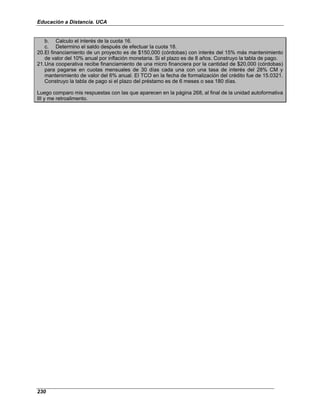 Educación a Distancia. UCA
230
b. Calculo el interés de la cuota 16.
c. Determino el saldo después de efectuar la cuota 18.
20.El financiamiento de un proyecto es de $150,000 (córdobas) con interés del 15% más mantenimiento
de valor del 10% anual por inflación monetaria. Si el plazo es de 8 años. Construyo la tabla de pago.
21.Una cooperativa recibe financiamiento de una micro financiera por la cantidad de $20,000 (córdobas)
para pagarse en cuotas mensuales de 30 días cada una con una tasa de interés del 28% CM y
mantenimiento de valor del 6% anual. El TCO en la fecha de formalización del crédito fue de 15.0321.
Construyo la tabla de pago si el plazo del préstamo es de 6 meses o sea 180 días.
Luego comparo mis respuestas con las que aparecen en la página 268, al final de la unidad autoformativa
III y me retroalimento.
 