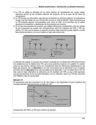 Módulo autoformativo: “Introducción a la Gestión Financiera”
251
1) La TIR no refleja la dificultad de los otros criterios de actualización los cuales exigen
opiniones acerca de las variables externas del proyecto, tal es el caso de las tasas de
actualización.
2) La TIR brinda una información más fácil de comprender en términos relativos; al evaluador le
resulta más fácil hablar de una TIR del 25% que de un VAN de $8,000. Cabe mencionar que
la TIR presenta algunos inconvenientes que, como el VAN, no le permiten ser el criterio
absoluto en la selección y clasificación de los proyectos de inversión.
3) En el caso de proyectos de inversión que reflejen diferencias considerables entre los valores
de las inversiones se pueden dar contradicciones entre los métodos del VAN y TIR (ver
gráfico 13). Esto ocurre porque un pequeño proyecto (baja inversión) puede originar una alta
tasa interna de retorno y a la vez mostrar un bajo valor actual neto.
A lte rn a tiv a 1 A lte rn a tiva 2
8 ,0 0 0
0 1 2 3 a ñ o s 0 1 2 3 a ñ o s
T R E M A = 8 %
V A N (8 % )= $ 6 6 3
V A N (8 % )= $ 5 0 9
T IR = 1 1 .2 2 %
G rá fico 1 3
3 ,0 0 0 3 ,0 0 0
6 ,0 0 0
5 ,0 0 0 5 ,0 0 0
T R E M A = 8 %
T IR = 1 0 :6 5 %
1 5 ,0 0 0 1 0 ,0 0 0
A lte rn a tiv a 1 A lte rn a tiva 2
8 ,0 0 0
0 1 2 3 a ñ o s 0 1 2 3 a ñ o s
T R E M A = 8 %
V A N (8 % )= $ 6 6 3
V A N (8 % )= $ 5 0 9
T IR = 1 1 .2 2 %
G rá fico 1 3
3 ,0 0 0 3 ,0 0 0
6 ,0 0 0
5 ,0 0 0 5 ,0 0 0
T R E M A = 8 %
T IR = 1 0 :6 5 %
1 5 ,0 0 0 1 0 ,0 0 0
La decisión de aceptar un proyecto de inversión analizado por el método del VAN será la misma
si la analizamos por el método de la TIR, pero como podemos observar en la gráfico 13, existen
casos en que ambos métodos entran en contradicción dado las diferencias significativas en los
flujos del proyecto. Así, la alternativa 1 es más conveniente que la alternativa 2 por el método
del VAN, pero la alternativa 2 es más favorable que la alternativa 1 por el método de la TIR. En
este caso la mejor alternativa se selecciona por el resultado del VAN, ya que nadie garantiza
que las reinversiones de los recursos liberados y los no utilizados, sean a la TIR sino mas bien
a la TREMA o tasa de oportunidad.
Ejemplo 13:
Si suponemos que dos proyectos A y B, dan origen a las siguientes curvas al graficar las
correspondientes relaciones entre el VAN y la TIR:
VAN de B
TIR de B
VAN de A
VAN=0
0 j1 j2 i
Curva del proyecto A
Curva del proyecto B
Gráfico 14
+
-
TIR de A
VAN de B
TIR de B
VAN de A
VAN=0
0 j1 j2 i
Curva del proyecto A
Curva del proyecto B
Gráfico 14
+
-
TIR de A
Comparación del VAN y la TIR como criterios de decisión.
 