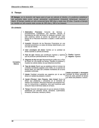 Educación a Distancia. UCA
30
9. Tiempo
El tiempo: es la duración del lapso para el que se calcula el interés y lo podemos establecer
por períodos tales como: anual, semestral, cuatrimestral, trimestral, bimensual, mensual y
diario. El tiempo medido en año comercial tiene 360 días y cada mes 30 días. Cuando el tiempo
es medido en año exacto éste consta de 365 días y 366 si es bisiesto.
En síntesis:
Conceptos
Básicos
1. Matemática Financiera: Conjunto de técnicas y
procedimientos cuantitativos que permiten calcular la
equivalencia del valor del dinero en cualquier momento. Con
esta podemos valorar el premio de prescindir por cierto
tiempo de un Recursos financiero o Capital, a cierta tasa de
interés.
2. Inversión: Ubicación de los Recursos Financieros en una
actividad económica a un plazo de tiempo determinado y con
una tasa de interés.
3. Valor cronológico del dinero: Cambio en la cantidad de
dinero durante un período de tiempo.
4. Flujo de caja: Valores que constituyen ingresos y egresos
que se producen periódicamente en el tiempo.
5. Diagrama de flujo de caja: Representación gráfica de un flujo
de dinero en una escala de tiempo. Plantea el problema y
muestra los valores dados, los que debemos encontrar.
6. Tasa de interés: Razón que se establece entre el número de
unidades monetarias pagadas como rédito, en un período de
tiempo dado, por cada cien unidades monetarias de la suma
prestada o ahorrada.
7. Interés: Cantidad convenida que pagamos por el uso del
dinero en calidad de préstamo o ahorro.
8. Capital (Principal, Valor Presente, Valor Actual): Suma de
dinero que prestamos o ahorramos en el momento de
realizar una inversión. Recursos financiero que tenemos hoy,
que no consumimos o gastamos, sino que invertimos para
consumir más en términos reales en el futuro.
9. Tiempo: Duración del lapso para el que se calcula el interés,
establecido por periodos (anual, semestral, cuatrimestral,
trimestral, bimensual, mensual y diario)
a. Positivo: Ingresos
b. Negativo: Egresos
Interés acumulado o devengado:
Cantidad de dinero generada al
final de cierto período de tiempo
por efecto del préstamo o ahorro.
Conceptos
Básicos
1. Matemática Financiera: Conjunto de técnicas y
procedimientos cuantitativos que permiten calcular la
equivalencia del valor del dinero en cualquier momento. Con
esta podemos valorar el premio de prescindir por cierto
tiempo de un Recursos financiero o Capital, a cierta tasa de
interés.
2. Inversión: Ubicación de los Recursos Financieros en una
actividad económica a un plazo de tiempo determinado y con
una tasa de interés.
3. Valor cronológico del dinero: Cambio en la cantidad de
dinero durante un período de tiempo.
4. Flujo de caja: Valores que constituyen ingresos y egresos
que se producen periódicamente en el tiempo.
5. Diagrama de flujo de caja: Representación gráfica de un flujo
de dinero en una escala de tiempo. Plantea el problema y
muestra los valores dados, los que debemos encontrar.
6. Tasa de interés: Razón que se establece entre el número de
unidades monetarias pagadas como rédito, en un período de
tiempo dado, por cada cien unidades monetarias de la suma
prestada o ahorrada.
7. Interés: Cantidad convenida que pagamos por el uso del
dinero en calidad de préstamo o ahorro.
8. Capital (Principal, Valor Presente, Valor Actual): Suma de
dinero que prestamos o ahorramos en el momento de
realizar una inversión. Recursos financiero que tenemos hoy,
que no consumimos o gastamos, sino que invertimos para
consumir más en términos reales en el futuro.
9. Tiempo: Duración del lapso para el que se calcula el interés,
establecido por periodos (anual, semestral, cuatrimestral,
trimestral, bimensual, mensual y diario)
a. Positivo: Ingresos
b. Negativo: Egresos
Interés acumulado o devengado:
Cantidad de dinero generada al
final de cierto período de tiempo
por efecto del préstamo o ahorro.
 