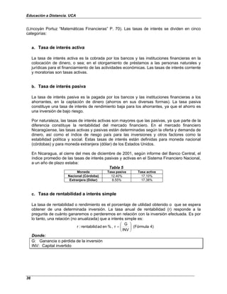 Educación a Distancia. UCA
36
(Lincoyán Portuz “Matemáticas Financieras” P. 70). Las tasas de interés se dividen en cinco
categorías:
a. Tasa de interés activa
La tasa de interés activa es la cobrada por los bancos y las instituciones financieras en la
colocación de dinero, o sea; en el otorgamiento de préstamos a las personas naturales y
jurídicas para el financiamiento de las actividades económicas. Las tasas de interés corriente
y moratorias son tasas activas.
b. Tasa de interés pasiva
La tasa de interés pasiva es la pagada por los bancos y las instituciones financieras a los
ahorrantes, en la captación de dinero (ahorros en sus diversas formas). La tasa pasiva
constituye una tasa de interés de rendimiento baja para los ahorrantes, ya que el ahorro es
una inversión de bajo riesgo.
Por naturaleza, las tasas de interés activas son mayores que las pasivas, ya que parte de la
diferencia constituye la rentabilidad del mercado financiero. En el mercado financiero
Nicaragüense, las tasas activas y pasivas están determinadas según la oferta y demanda de
dinero, así como el índice de riesgo país para las inversiones y otros factores como la
estabilidad política y social. Estas tasas de interés están definidas para moneda nacional
(córdobas) y para moneda extranjera (dólar) de los Estados Unidos.
En Nicaragua, al cierre del mes de diciembre de 2001, según informe del Banco Central, el
índice promedio de las tasas de interés pasivas y activas en el Sistema Financiero Nacional,
a un año de plazo estaba:
Tabla 5
Moneda Tasa pasiva Tasa activa
Nacional (Córdoba) 12.40% 17.10%
Extranjera (Dólar) 8.55% 17.38%
c. Tasa de rentabilidad a interés simple
La tasa de rentabilidad o rendimiento es el porcentaje de utilidad obtenido o que se espera
obtener de una determinada inversión. La tasa anual de rentabilidad (r) responde a la
pregunta de cuánto ganaremos o perderemos en relación con la inversión efectuada. Es por
lo tanto, una relación (no anualizada) que a interés simple es:
4)
(Fórmula
INV
G
r
,
%
en
ad
rentabilid
:
r 







=
Donde:
G: Ganancia o pérdida de la inversión
INV: Capital invertido
 