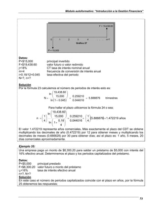 Módulo autoformativo: “Introducción a la Gestión Financiera”
73
F = 19,438.60
0 1 2 3 4 . . . n=?
Gráfico 27
P = 15,000
Datos:
P=$15,000 principal invertido
F=$19,438.60 valor futuro o valor redimido
j=18% CT tasa de interés nominal anual
m=4 frecuencia de conversión de interés anual
i=0.18/12=0.045 tasa efectiva del periodo
N=?, n=?
Solución
Por la fórmula 23 calculemos el número de periodos de interés esto es:
( )
trimestres
5.888876
0.044016
0.259210
0.045
1
ln
15,000
19,438.60
ln
N =
=
+








=
Para hallar el plazo utilicemos la fórmula 24 o sea;
( ) años
1.472219
5.888876
4
1
0.044016
0.259210
4
0.18
1
ln
15,000
19,438.60
ln
4
1
n =








=
=








+
















=
El valor 1.472219 representa años comerciales. Más exactamente el plazo del CDT se obtiene
multiplicando los decimales de año (0.472219) por 12 para obtener meses y multiplicando los
decimales de meses (0.666628) por 30 para obtener días; así el plazo es: 1 año, 5 meses, 20
días comerciales aproximadamente.
Ejemplo 35:
Una empresa paga un monto de $8,300.20 para saldar un préstamo de $5,000 con interés del
16% efectivo anual. Determinemos el plazo y los periodos capitalizados del préstamo.
Datos:
P=$5,000 principal prestado
F=$8,300.20 valor futuro o monto del préstamo
ie=16% tasa de interés efectivo anual
n=?, N=?
Solución
En este caso el número de periodos capitalizados coincide con el plazo en años, por la fórmula
25 obtenemos las respuestas;
 