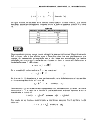 Módulo autoformativo: “Introducción a la Gestión Financiera”
83
( ) )
34
(Fórmula
1
m
1
e
i
1
m
j












−
+
=
De igual manera, el resultado de la fórmula anterior (34) es la tasa nominal j que tendrá
frecuencia de conversión específica conforme al valor m, como lo podemos apreciar en la tabla
15.
Tabla 15
Valor de la frecuencia m Período de conversión de j
m=1 j CA (ie=j)
m=2 j CS
m=4 j CT
m=6 j CB
m=12 j CM
m=52 j Cse
m=365 j CD
Grupo 4
Si como dato conocemos porque hemos calculado la tasa nominal r convertible continuamente
CC, podemos hallar la tasa efectiva anual ie. Para determinar ésta tasa estableceremos una
relación de equivalencia, considerando que si dos tasas son equivalentes, los montos
calculados para un mismo principal y plazo son iguales, por tanto, la comparación la hacemos a
través las fórmulas 17 y 29 esto es;
( ) (1)
n
r
P
n
e
i
1
P
F e
=
+
=
En la ecuación (1) podemos eliminar P y n, así obtenemos:
( ) )
2
(
n
r
e
i
1 e
=
+
En la ecuación (2) despejamos la tasa efectiva anual a partir de la tasa nominal r convertible
continuamente y obtenemos la fórmula 35.
)
35
(Fórmula
1
r
e
i e −
=
Si como dato conocemos porque hemos calculado la tasa efectiva anual ie, podemos calcular la
tasa nominal r, CC a través de la fórmula 36 que la obtenemos aplicando logaritmo a ambos
miembros de la fórmula 35.
( ) ( ) r
ln
e
i
1
ln
entonces
r
e
i
1
Como e
e =
+
=
+
Por estudio de las funciones exponenciales y logarítmicas sabemos (lne=1) por tanto r está
dado por;
( ) )
36
(Fórmula
e
i
1
ln
r +
=
 