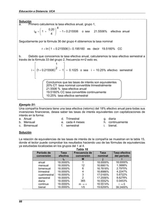 Educación a Distancia. UCA
88
Solución
a. Primero calculemos la tasa efectiva anual, grupo 1,
anual
efectiva
21.5506%
sea
o
0.215506
1
4
4
0.20
1
e
i =
−








+
=
Seguidamente por la fórmula 36 del grupo 4 obtenemos la tasa nominal
( ) CC
19.5160%
decir
es
0.195160
0.215506
1
ln
r =
+
=
b. Debido que conocemos la tasa efectiva anual, calcularemos la tasa efectiva semestral a
través de la fórmula 33 del grupo 2, frecuencia m=2 esto es;
( ) semestral
efectivo
10.25%
i
sea
o
0.1025
1
2
1
0.215506
1
i =
=












−
+
=
Concluimos que las tasas de interés son equivalentes
20% CT tasa nominal convertible trimestralmente
21.5506 % tasa efectiva anual
19.5160% CC tasa convertible continuamente
10.25% tasa efectiva semestral
Ejemplo 51:
Una compañía financiera tiene una tasa efectiva (retorno) del 18% efectivo anual para todas sus
inversiones financieras, desea saber las tasas de interés equivalentes con capitalizaciones de
interés en la forma:
a. Anual
b. Mensual
c. Bimensual
d. Trimestral
e. cada 4 meses
f. semestral
g. diaria
h. continuamente
i. bienal.
Solución
La relación de equivalencias de las tasas de interés de la compañía se muestran en la tabla 15,
donde el lector puede comprobar los resultados haciendo uso de las fórmulas de equivalencias
ya estudiadas localizadas en los grupos del 1 al 4.
Tabla 16
Período de
conversión
Tasa
efectiva
Frecuencia de
conversión
Tasa
nominal
Tasa efectiva
del período
ie M j i
anual
mensual
bimensual
trimestral
cuatrimestral
semestral
diaria
continua
bienal
18.0000%
18.0000%
18.0000%
18.0000%
18.0000%
18.0000%
18.0000%
18.0000%
18.0000%
1
12
6
4
3
2
365
m → ∝
1/5
18.0000%
16.6661%
16.7818%
16.8986%
17.0165%
17.2556%
16.5552%
16.5514%
19.6200%
18.0000%
1.3888%
2.7970%
4.2247%
5.6722%
8.6278%
0.0453%
i → 0
39.2400%
 