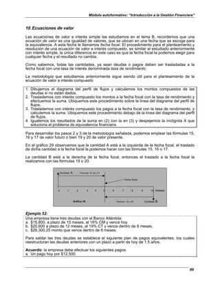 Módulo autoformativo: “Introducción a la Gestión Financiera”
89
10.Ecuaciones de valor
Las ecuaciones de valor a interés simple las estudiamos en el tema B, recordemos que una
ecuación de valor es una igualdad de valores, que se ubican en una fecha que se escoge para
la equivalencia. A esta fecha le llamamos fecha focal. El procedimiento para el planteamiento y
resolución de una ecuación de valor a interés compuesto, es similar al estudiado anteriormente
con interés simple, la única diferencia en este caso es que la fecha focal la podemos elegir para
cualquier fecha y el resultado no cambia.
Como sabemos, todas las cantidades, ya sean deudas o pagos deben ser trasladadas a la
fecha focal con una tasa de interés denominada tasa de rendimiento.
La metodología que estudiamos anteriormente sigue siendo útil para el planteamiento de la
ecuación de valor a interés compuesto
1. Dibujemos el diagrama del perfil de flujos y calculemos los montos compuestos de las
deudas si no están dados.
2. Traslademos con interés compuesto los montos a la fecha focal con la tasa de rendimiento y
efectuemos la suma. Ubiquemos este procedimiento sobre la línea del diagrama del perfil de
flujos.
3. Traslademos con interés compuesto los pagos a la fecha focal con la tasa de rendimiento, y
calculemos la suma. Ubiquemos este procedimiento debajo de la línea del diagrama del perfil
de flujos.
4. Igualemos los resultados de la suma en (2) con la en (3) y despejemos la incógnita X que
soluciona el problema de equivalencia financiera.
Para desarrollar los pasos 2 y 3 de la metodología señalada, podemos emplear las fórmulas 15,
16 y 17 de valor futuro o bien 19 y 20 de valor presente.
En el gráfico 29 observamos que la cantidad A está a la izquierda de la fecha focal, el traslado
de dicha cantidad a la fecha focal la podemos hacer con las fórmulas 15, 16 o 17.
La cantidad B está a la derecha de la fecha focal, entonces el traslado a la fecha focal la
realizamos con las fórmulas 19 o 20.
Cantidad A Fórmula 15,16 y 17
Fecha focal
0 1 2 3 4 5 6 7 8 9 10 meses
Gráfico 29 Fórmula 19 y 20 Cantidad B
Ejemplo 52:
Una empresa tiene tres deudas con el Banco Atlántida:
a. $15,800, a plazo de 10 meses, al 18% CM y vence hoy.
b. $20,600 a plazo de 12 meses, al 19% CT y vence dentro de 8 meses.
c. $26,300.25 monto que vence dentro de 6 meses.
Para saldar las tres deudas se establece el siguiente plan de pagos equivalentes, los cuales
reestructuran las deudas anteriores con un plazo a partir de hoy de 1.5 años.
Acuerdo: la empresa debe efectuar los siguientes pagos:
a. Un pago hoy por $12,500.
 