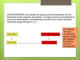HISTORIOGRAFÍA. Acumulación de textos que los historiadores han ido
elaborando sobre aspectos del pasado. La antigua Grecia es considerada la
cuna de la historiografía, considerándose el padre de la misma Herodoto,
historiador griego del siglo V a. C.
HISTORIA
HECHOS
HISTORIOGRAFÍA
EXPLICACIÓN
-Hª General
-Hª local
-Hª sectorial:
política, social,
demográfica,
Económica…
-Hª de la
Historiografía
 
