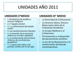 UNIDADES AÑO 2011UNIDADES II°MEDIO1. Persistencia de pueblos y culturas indígenas2. E l legado colonial3. L a conformación del estado-nación4. Las transformaciones liberales5. La inserción de la economía chilena en el orden capitalista6. La conformación del territorio chileno y de sus dinámicas geográficas7. L a época del salitre y los grandes cambios de fin de sigloUNIDADES III° MEDIOLa Diversidad de CivilizacionesLa herencia clásica: Grecia y Roma como raíces de la Civilización OccidentalLa Europa Medieval y el CristianismoEl humanismo y el desarrollo del pensamiento científico.La era de las Revoluciones y la conformación del Mundo Contemporáneo