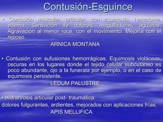 Contusión-Esguince
• Contusión muscular, articular, con equimosis, hematoma,
  edema. Sensación de dolores, magulladuras, agujetas,
  Agravación al menor roce, con el movimiento. Mejoría con el
  reposo.
                  ARNICA MONTANA

• Contusión con sufusiones hemorrágicas. Equimosis violáceas,
  oscuras en los lugares donde el tejido celular subcutáneo es
  poco abundante, ojo a la funerala por ejemplo, o en el caso de
  equimosis persistente.
                   LEDUM PALUSTRE

• Hidrartrosis articular post- traumática:
dolores fulgurantes, ardientes, mejorados con aplicaciones frías.
                       APIS MELLIFICA
 