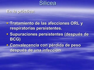 Silicea
En la práctica:

 Tratamiento de las afecciones ORL y
  respiratorias persistentes.
 Supuraciones persistentes (después de
  BCG)
 Convalecencia con pérdida de peso
  después de una infección
 